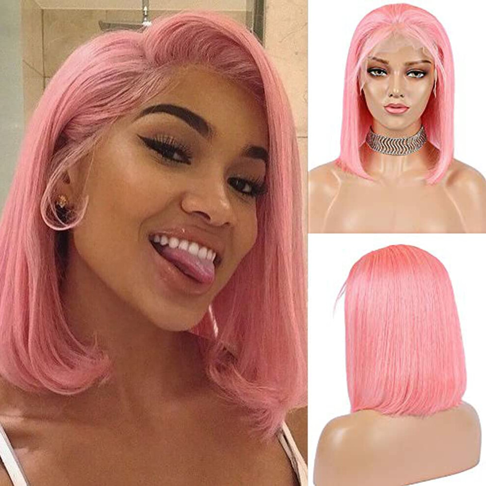 Unisex Pink,Black 13X4 Lace Front Human Hair Wig Pre Plucked Bob Pink Glueless Density For Black Women 10'