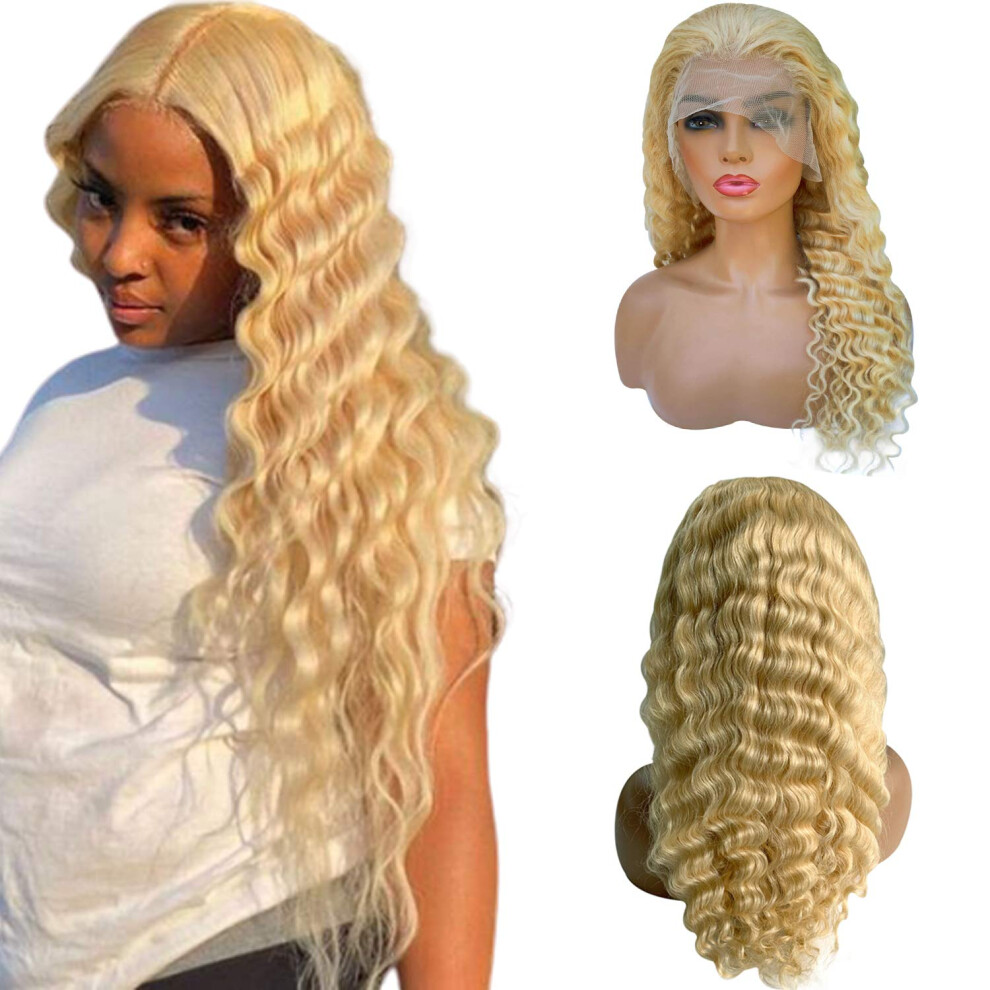 Unisex 613 Blonde Deep Wave Lace Front Wig 22 Inch Human Hair Preplucked Bleached Knots 150% Density