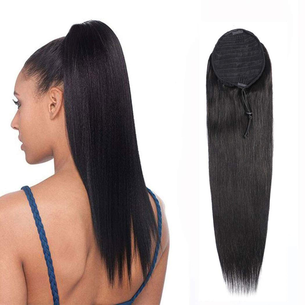 Unisex Black 18 Inch Brazilian Remy Human Hair Ponytail Extension With Secure Drawstring Fit Natural