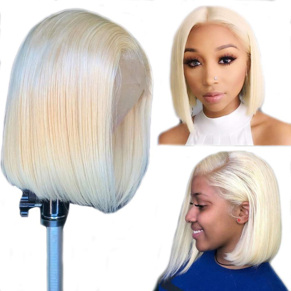 Unisex 613 Blonde Lace Front Human Hair Bob Wig Straight Glueless Pre Plucked Bleached Knots 8 Inch