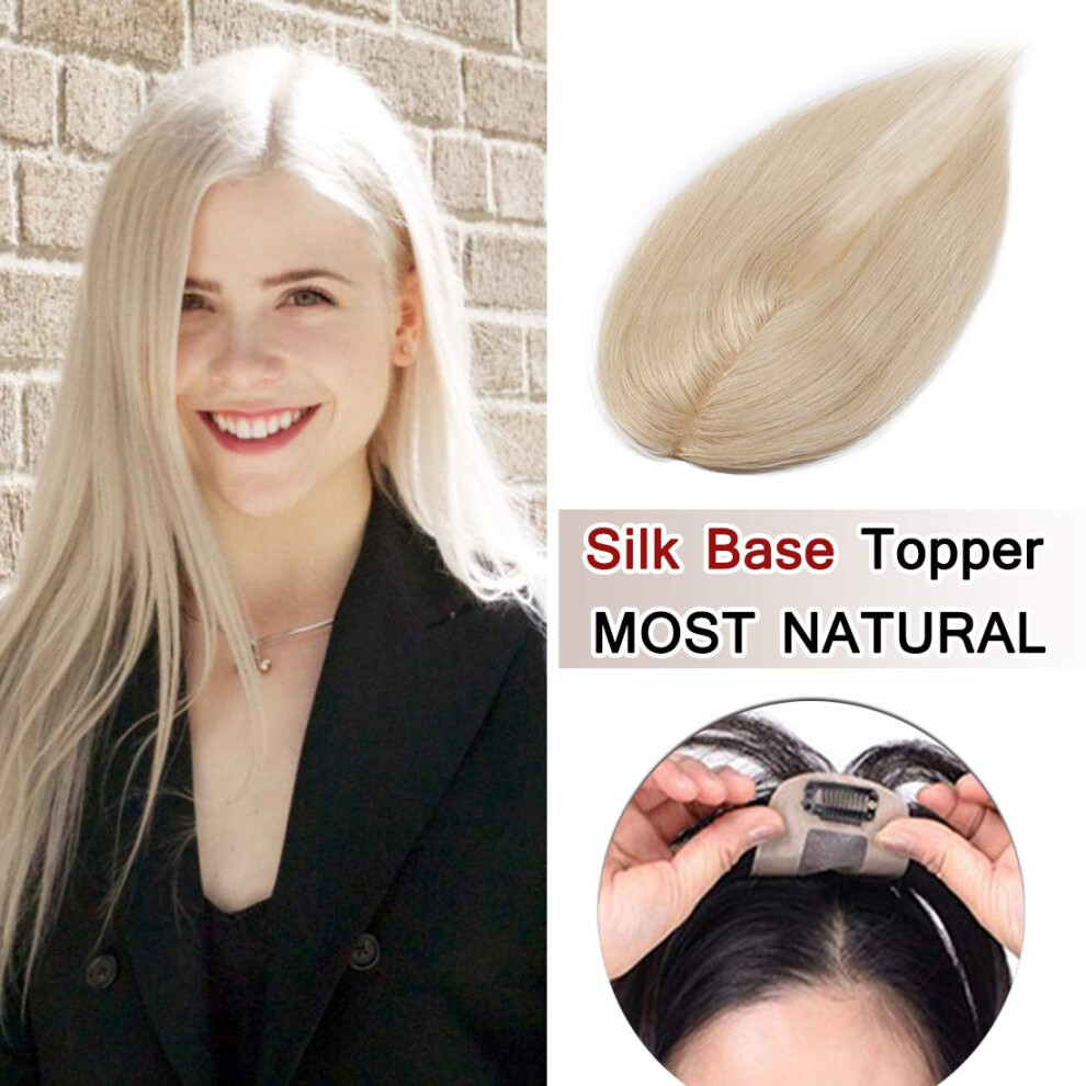 Unisex Silver Silk Base Human Hair Topper For Thinning Hair Platinum Blonde 12In Seamless Natural Coverage