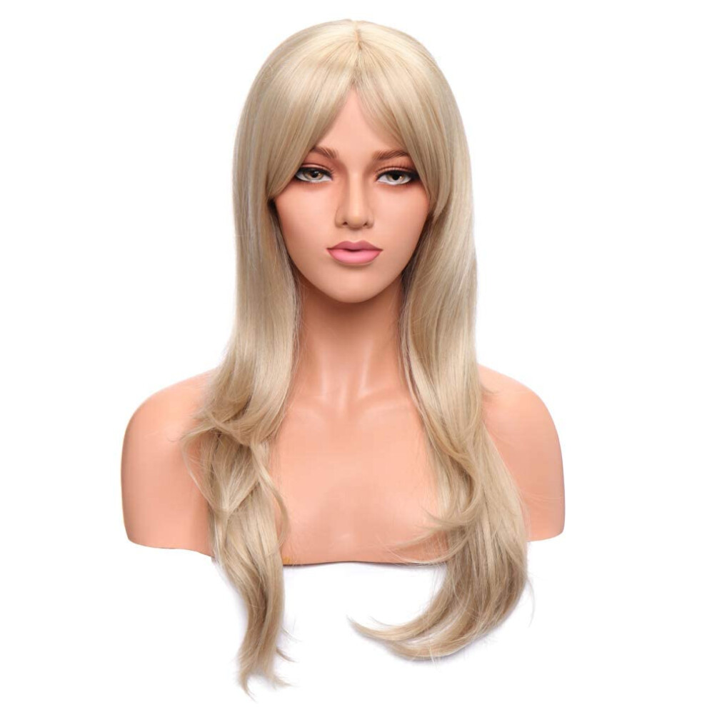 Long Wavy Wig with Bangs 26 Inch Platinum Blonde Mix Synthetic Wig for Women Anime Cosplay