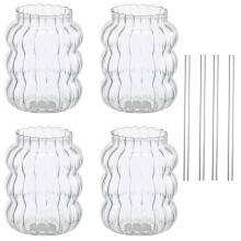Set di 8 bicchieri in vetro rigato Grusce da 650 ml, trasparenti e ondulati, con cannucce, compatibili con caffè, cocktail, succhi di frutta, acqua,