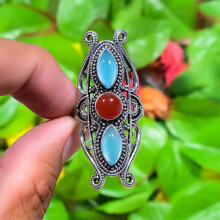 Természetes Aqua Kalcedon, Karneol Drágakő 925 Sterling Ezüst Gyűrű 9-es Méret