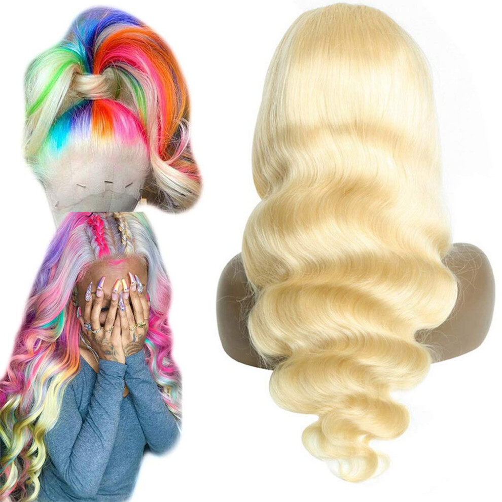 Unisex 613 Blonde Lace Front Human Hair Wig Body Wave 13X4 Preplucked Bleached Knots 14 Inch