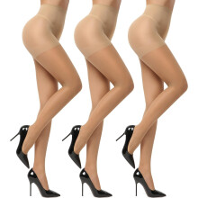 (M, Skin Color) 3 Pairs 20D Women's Sheer Tights with Reinforced Toes