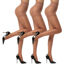 (S, Coffee) 3 Pairs 20D Women's Sheer Tights with Reinforced Toes