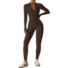 (S, Coffee) Womens One Piece Workout Jumpsuits Zip Up Bodysuit Long Sleeve Yoga Rompers Full Length Sports Gym Shapewear