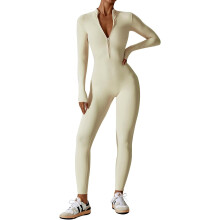 (L, Apricot) Womens One Piece Workout Jumpsuits Zip Up Bodysuit Long Sleeve Yoga Rompers Full Length Sports Gym Shapewear