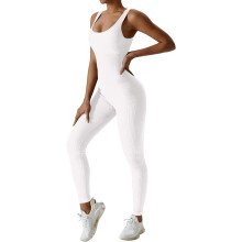 (L, White) Gym Jumpsuit for Women One Piece Ribbed Rompers Sleeveless Bodycon Sports Leggings Square Neck Tank Top Playsuit