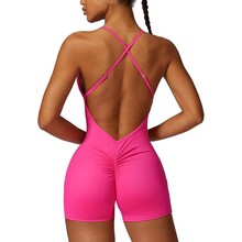 (XL, Rose Red) Women Backless Workout Jumpsuits One Piece Adjustable Strap Gym Rompers Zip Up Tummy Control Yoga Bodysuit
