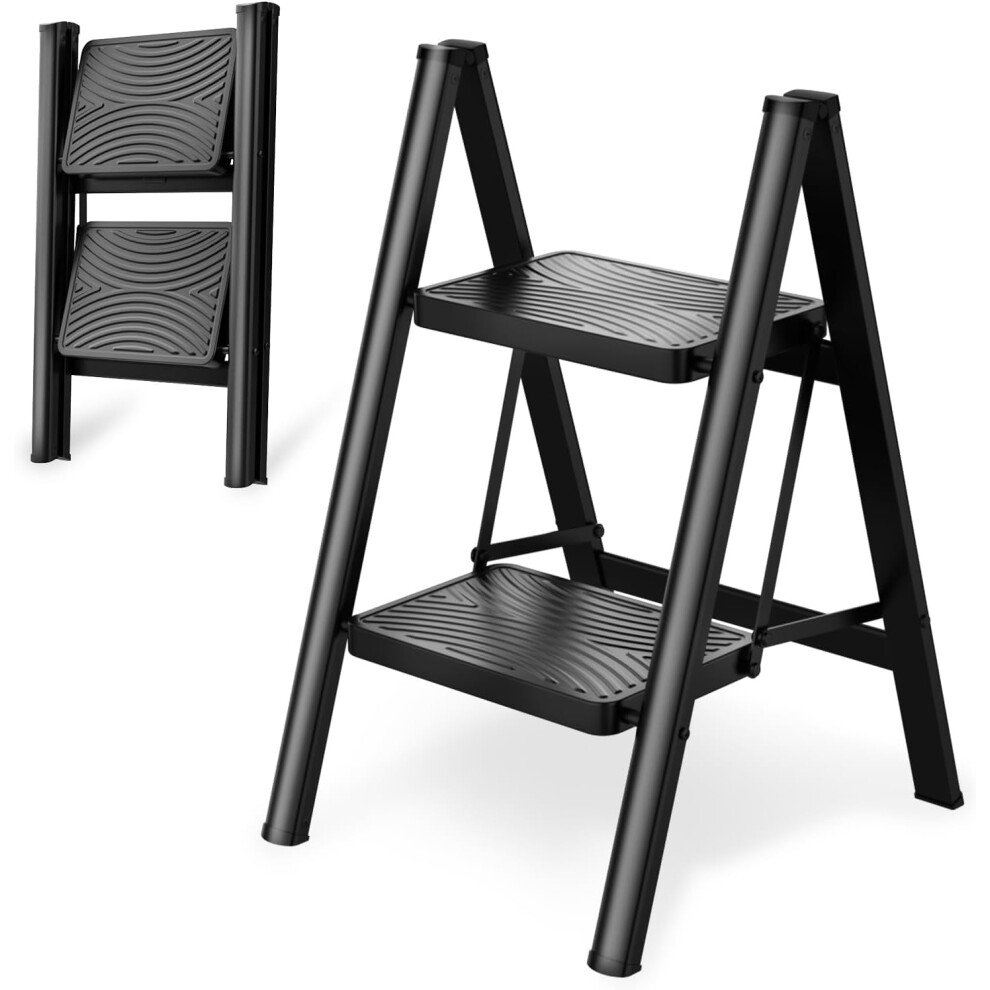 2 Step Ladder Folding Stool, Lightweight & Compact For Home/Kitchen, 330 Lbs Capacity, Anti-Slip Pedal, Black 9149926899235
