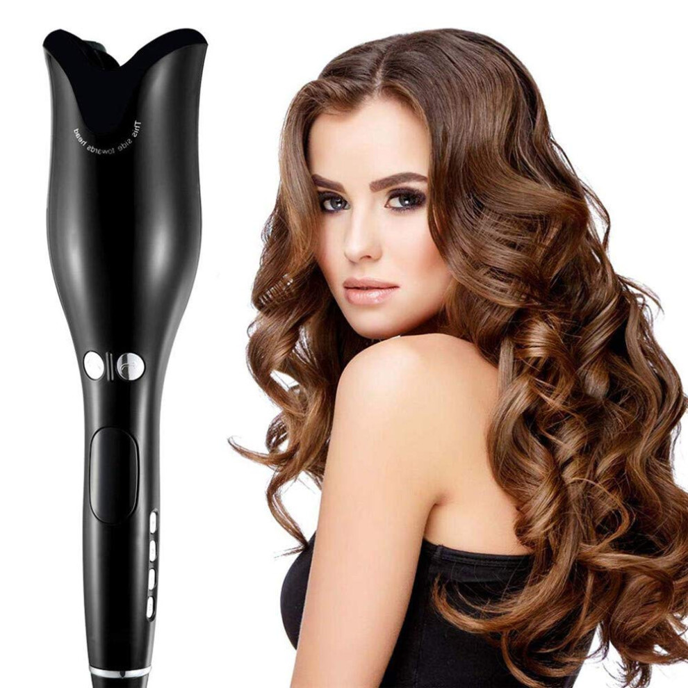 Black Automatic Ceramic Hair Curler With Lcd Display, Tourmaline Rotating Wand For Smooth Frizz Curls,
