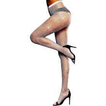 (White) Sexy High Waist Sparkle Rhinestone Fishnet Party Tights Women, Glitter Fishnet Tights