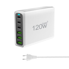 USB C-laddningsstation 120W GaN3, kompakt laddare med 6 portar, 3PD USB C och 1QC USB A, kompatibel med iPad, iPhone 14 13 12 11Pro Max, Galaxy