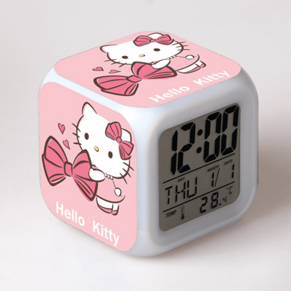 Hanntaoo Digital Alarm Clock For Kids, Hello Kitty 7 Color Led Wake Up Clock With Thermometer & Night Gift For Boys Girls Light
