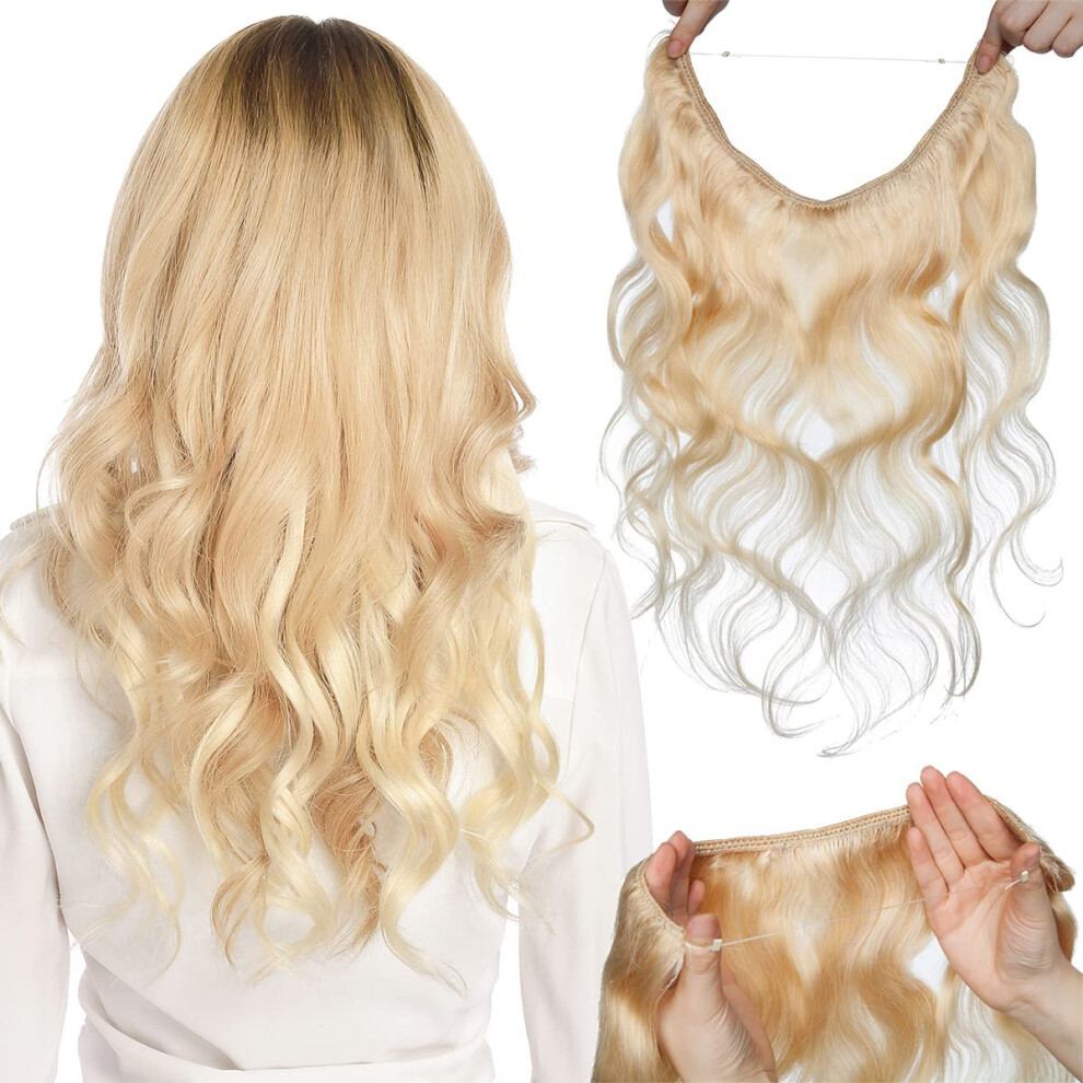 Unisex 18 Inch Bleach Blonde Human Hair Wire Extensions With Clips, Wavy Style For Instant Volume Boost