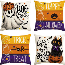 Vrolijk Halloween Spook Zwarte Kat Sierkussenhoezen, Trick or Treat Let's Get Spooky Kussenhoes Decoratie voor Bank en Fauteuil Set van 4