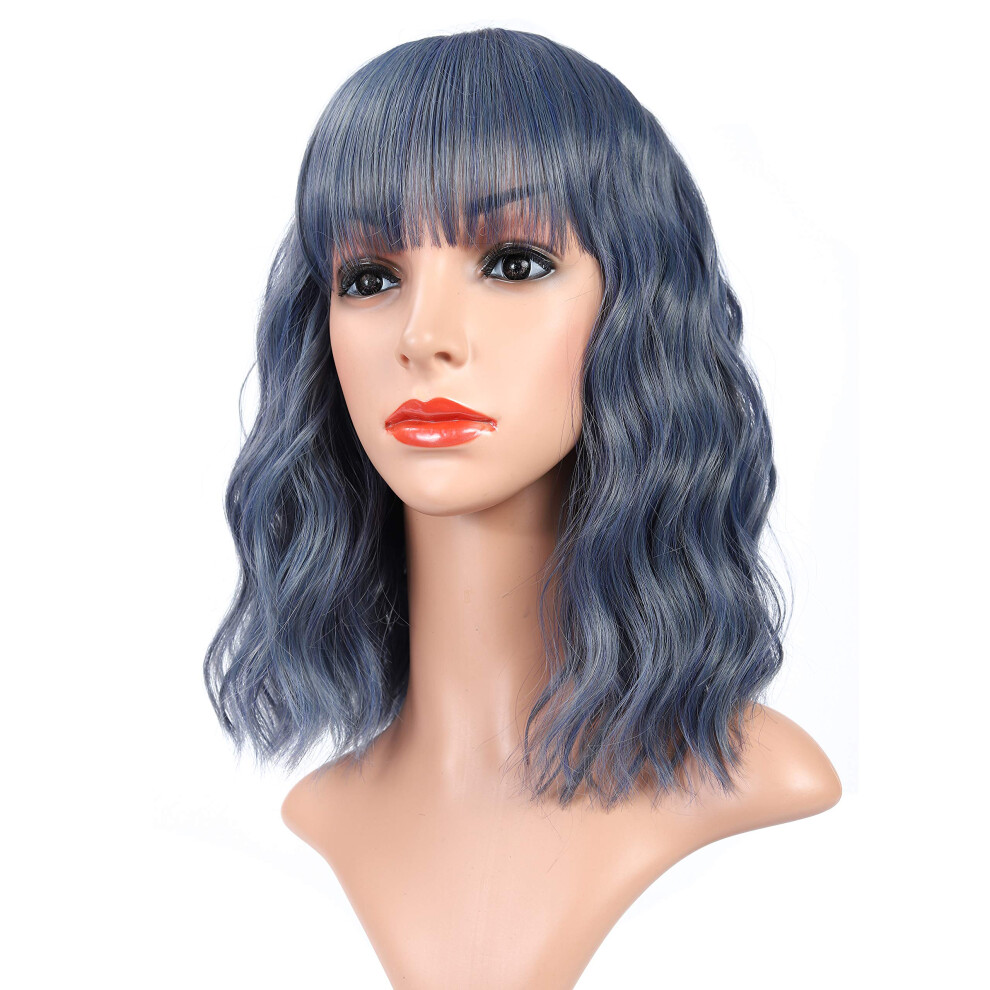 Unisex Blue Curly Bob Wig With Bangs Shoulder Length Synthetic Heat Resistant For Women Cosplay