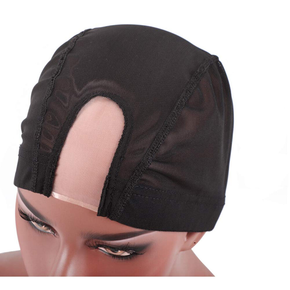 Unisex Black U Part Wig Cap With Combs, Stretchable Mesh Dome Cap For Diy Wig Making, 2Pcs Large