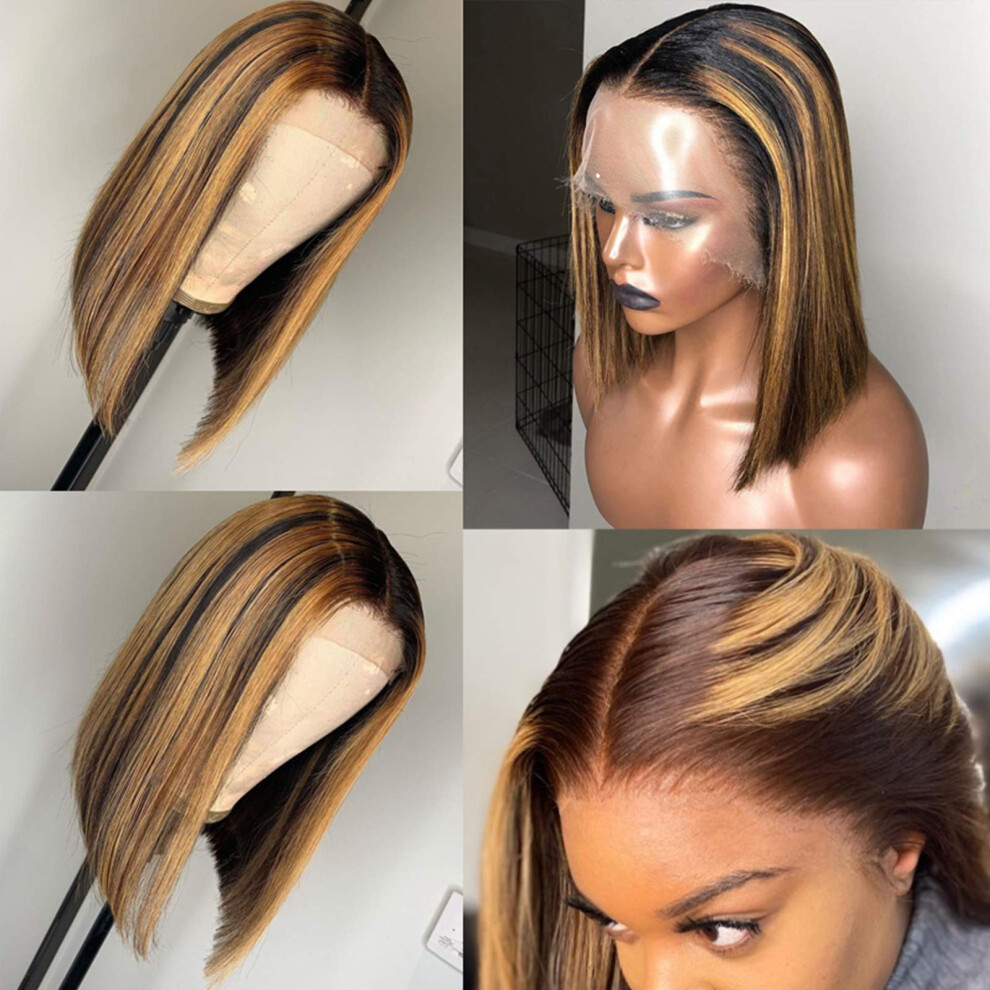 Highlight Ombre 13x6 Bob Lace Front Wig Human Hair, 12 Inch, 150% Density with Natural Hairline
