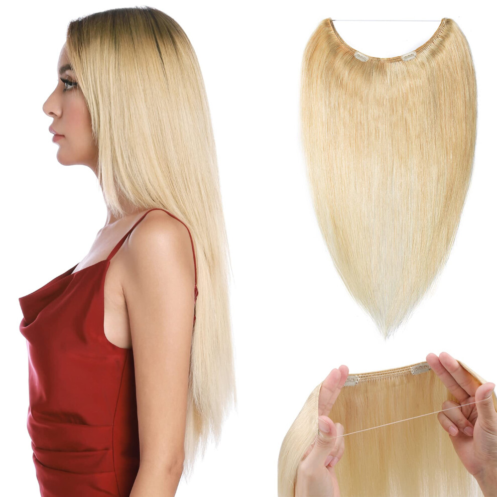 Unisex Silver Platinum Blonde Invisible Double Wire Human Hair Extensions 18 Inch With Clips For Instant Volume