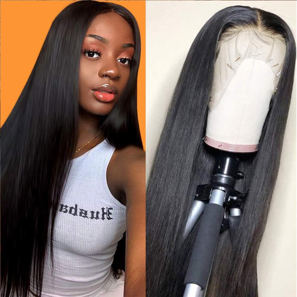 Unisex Black Brazilian Remy Lace Front Wig Human Hair Pre Plucked Bleached Knots Straight Natural 12'