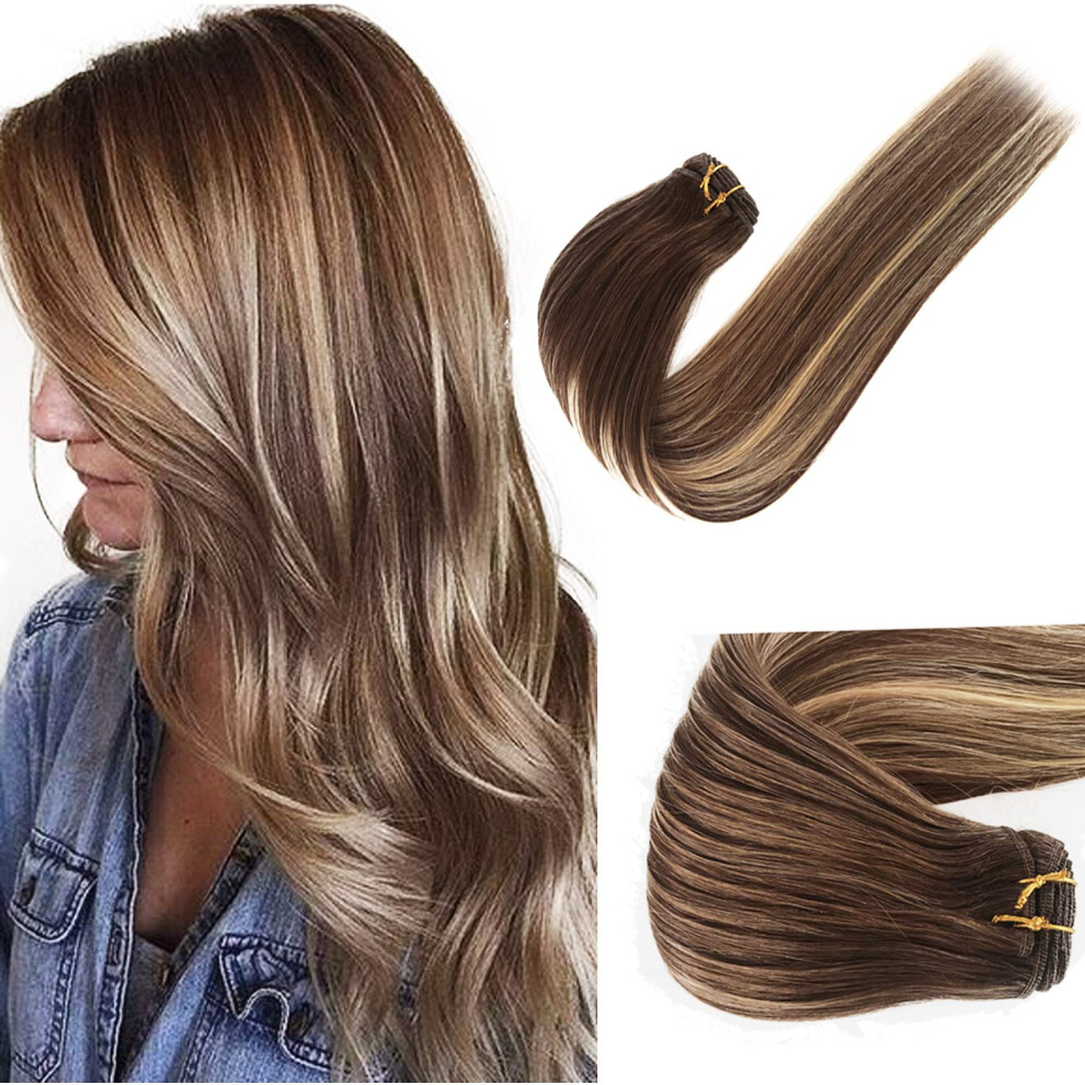 Unisex Brown Human Hair Extensions Remy Weft Balayage Blonde Double Weft Silky Straight 24 Inch