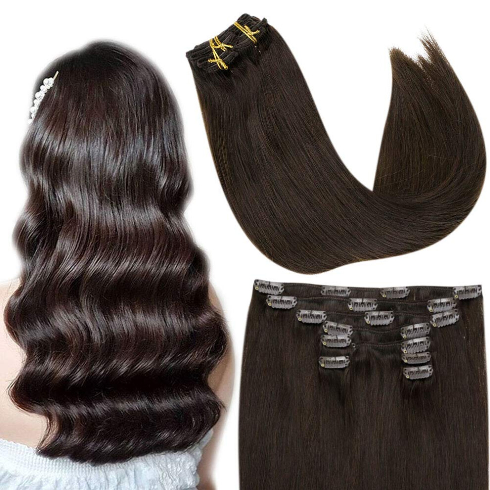Unisex Brown Clip In Remy Human Hair Extensions 12 Inch Darkest 9Pcs Double Weft For Instant Volume