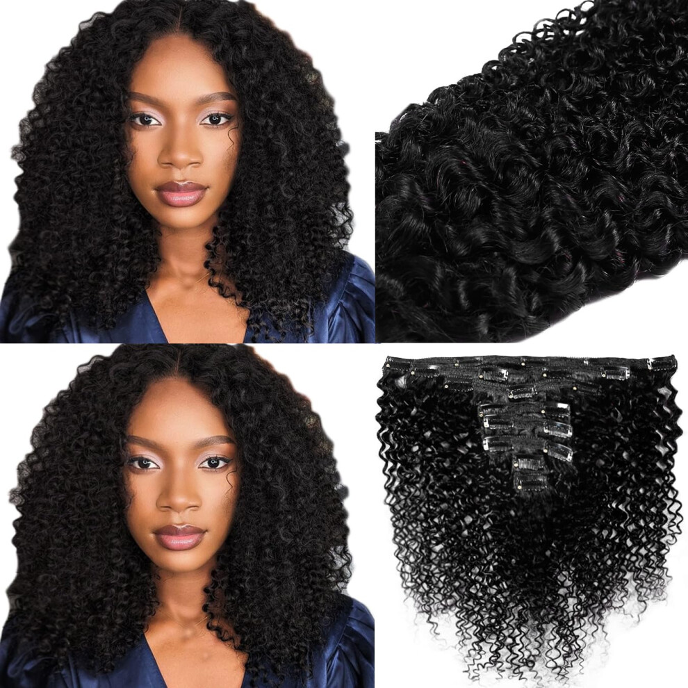 Unisex Black 14 Inch Kinky Curly Human Hair Clip In Extensions Natural 3B 3C Double Weft Secure Hold