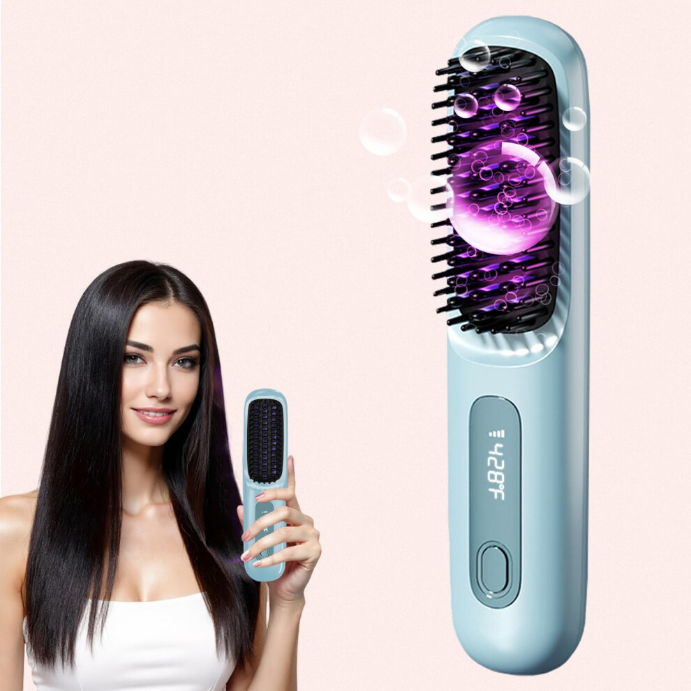 Blue Cordless Hair Straightener Brush With 20S Fast Heat Up, Ionic Frizz Control, Usbc Rechargeable, 50Min Runtime,
