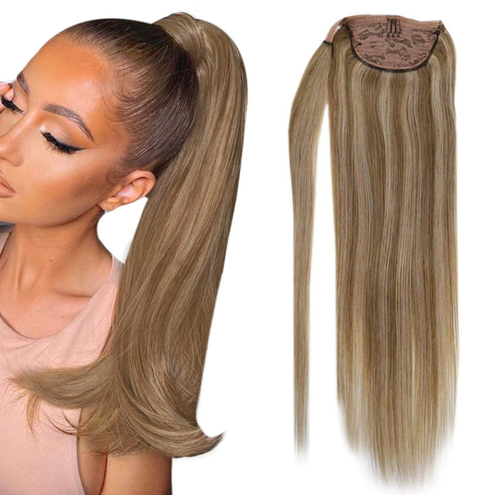 Unisex Human Hair Ponytail Extension 16 Inch Blonde Highlights Straight Wrap Around 80G Natural Looking