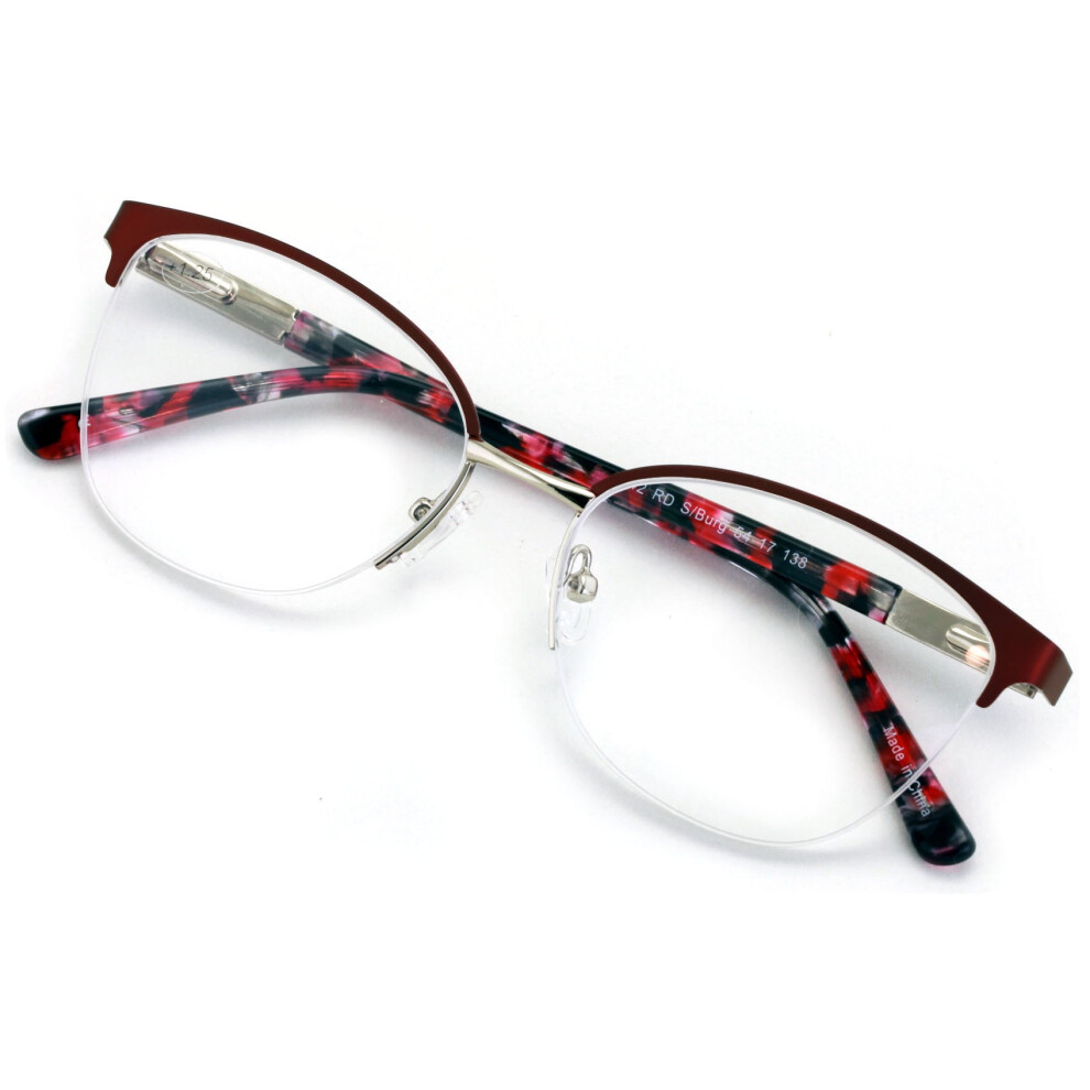 Premium Women's Round Half Rim Optical Frame Reading Glasses - Clear Lens Metal Eyeglasses Readers /w Case