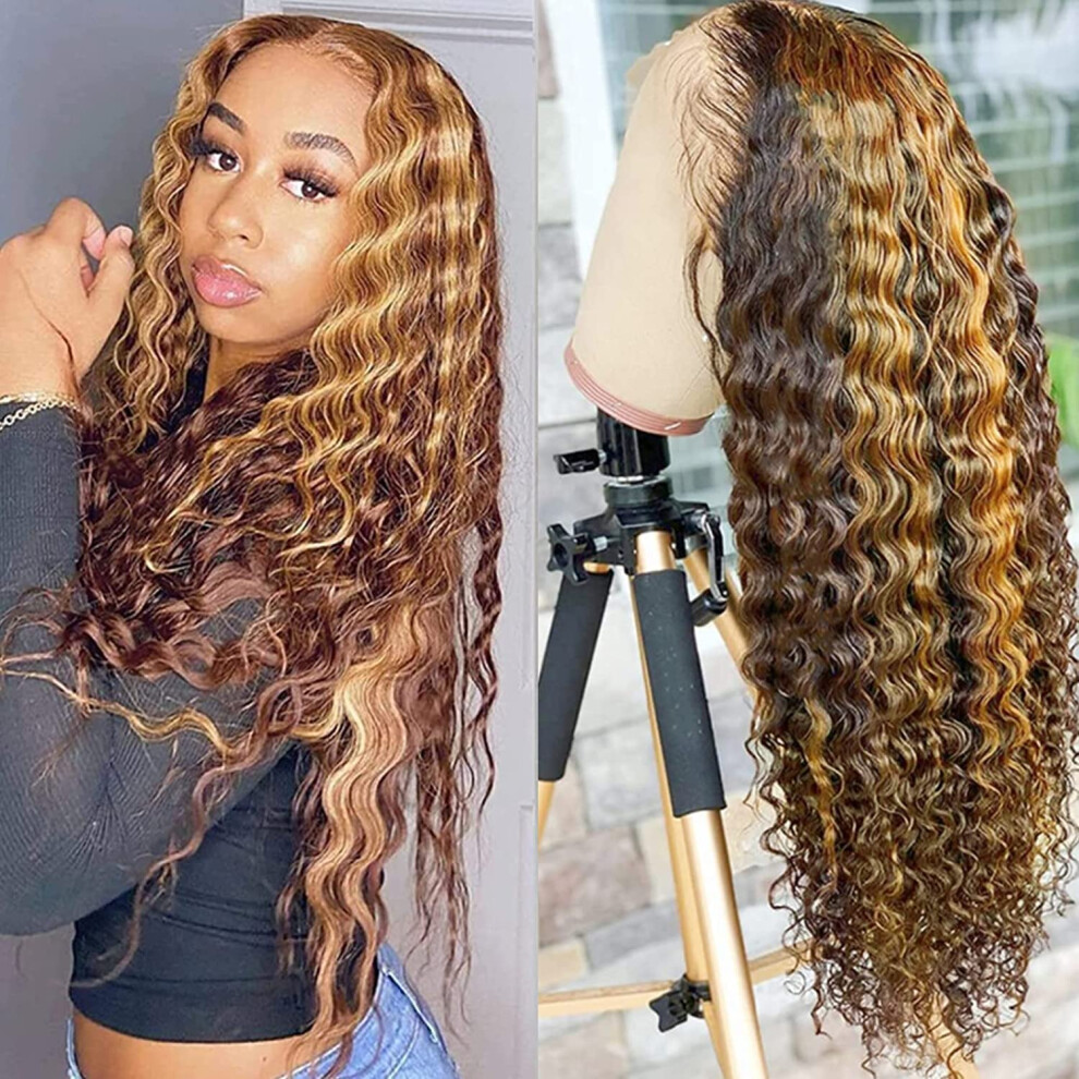 Unisex Black 14 Inch 13X4 Hd Lace Front Wig Human Hair Honey Blonde Highlight Deep Wave Brazilian Virgin Hair