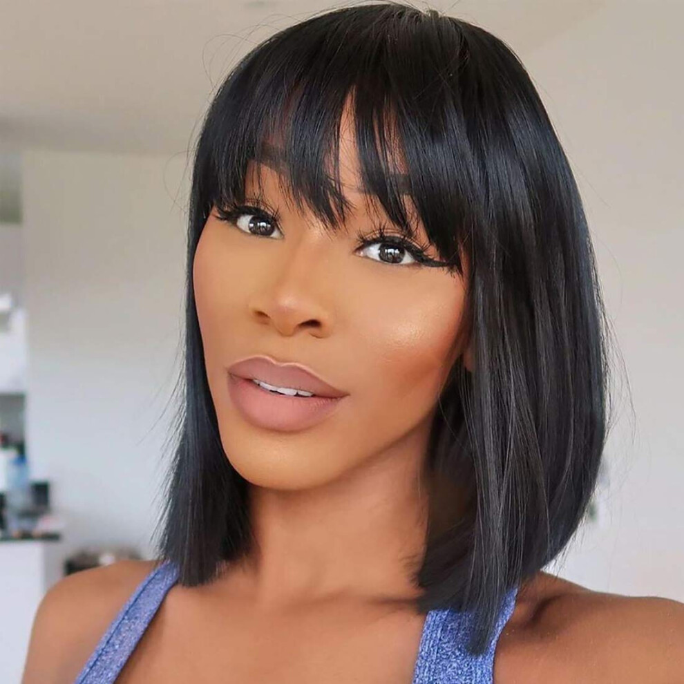 Unisex 14 Inch Human Hair Bob Wig With Bangs Brazilian Straight Glueless Short Wig For Women