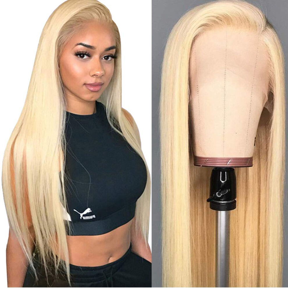 Unisex 613 Blonde 13X4 Lace Front Wig 18 Inch Brazilian Human Hair Preplucked 150% Density Straight