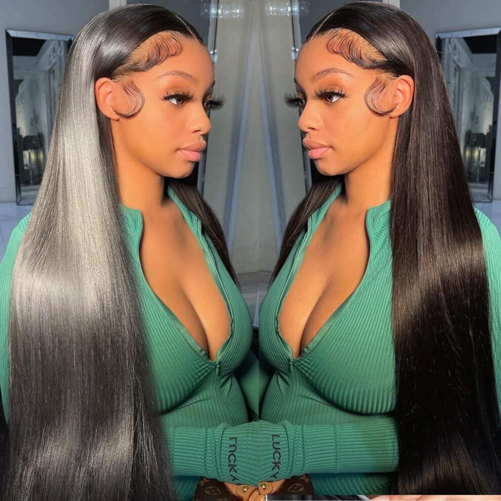 Unisex Black Human Hair Lace Front Wig 13X4 Hd Transparent Pre Plucked Bleached Knots 180% Density Brazilian Straight 24Inch Natural