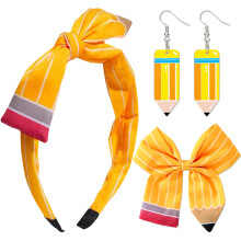 Girls Hair Accessories Back to School Headbands Pencil Bow Clips and Fabric Headband Set Yellow
