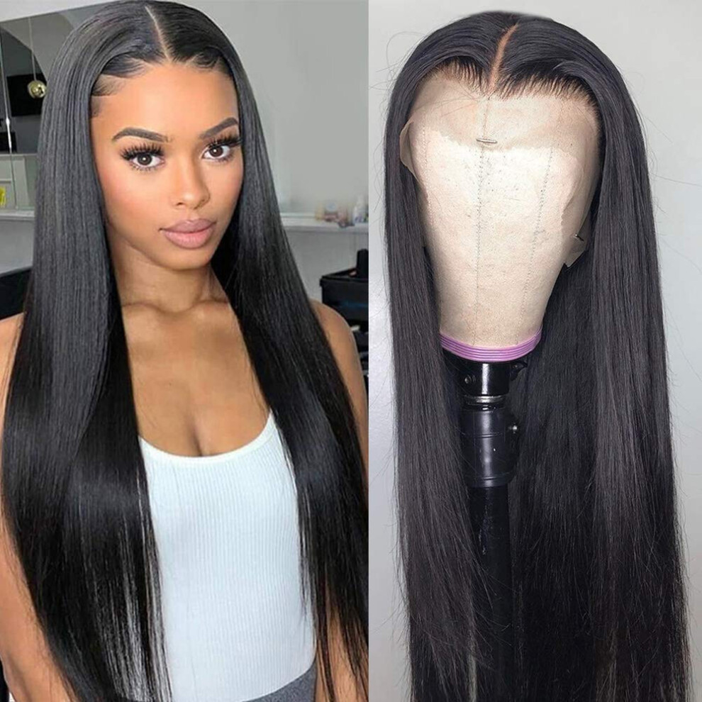 Unisex Brown 13X4 Lace Front Wig Human Hair Brazilian Straight Middle Part Glueless Natural Hairline 22Inch