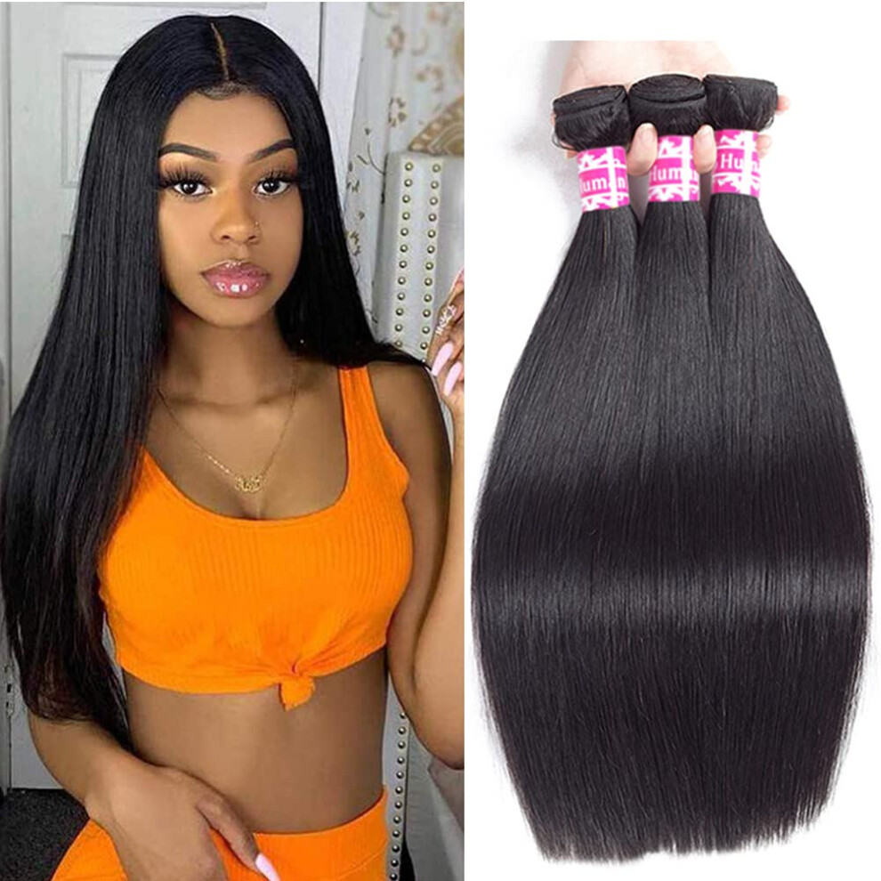 Unisex 8 Inch Straight Brazilian Virgin Human Hair Bundles With Closure, Natural Cuticle Alignment Set