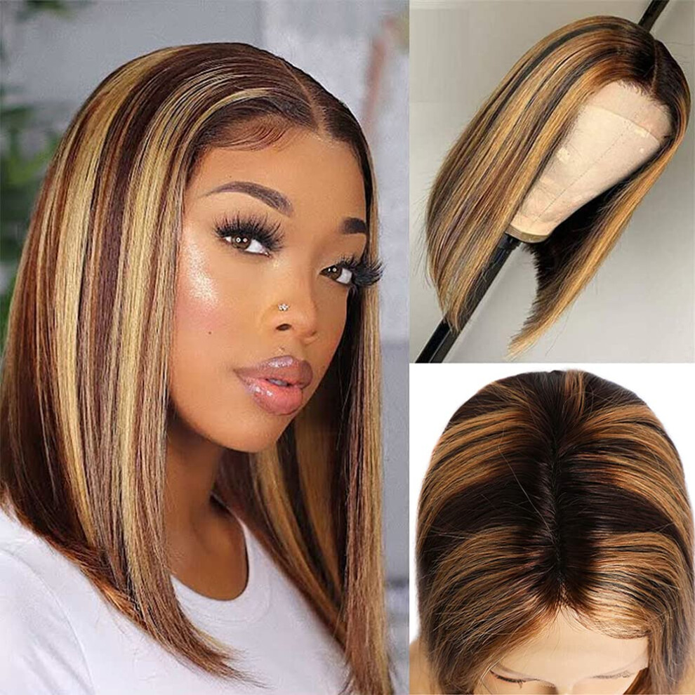 Unisex 14 Inch Ombre Highlight Human Hair Bob Wig P4/27 Brazilian Virgin Lace Closure Wig