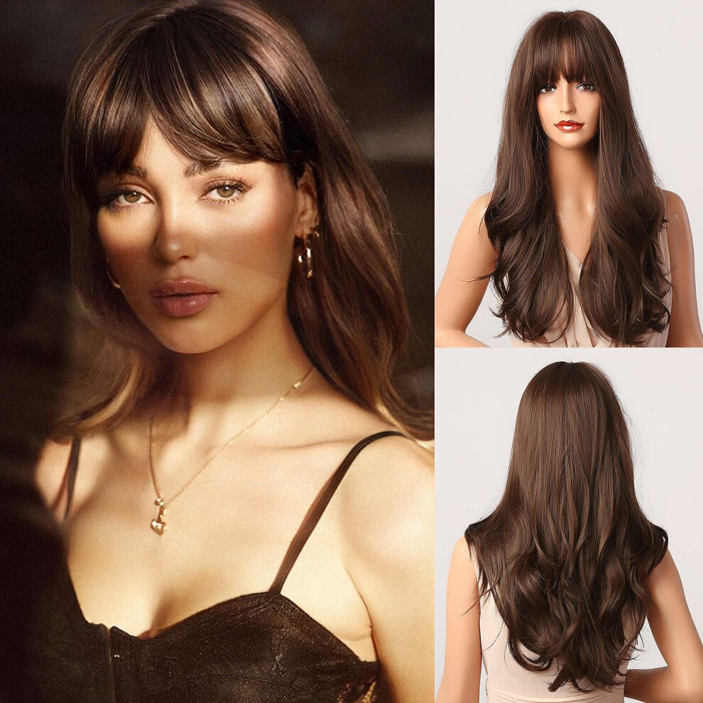 Dark Brown Wig with Bangs, Long Wavy Brunette Wig for Women, HeatResistant Natural Volume