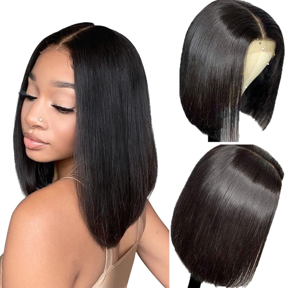 Unisex 14 Inch Bob Lace Front Wig Human Hair Glueless 4X4 Closure Brazilian Remy Natural Hairline