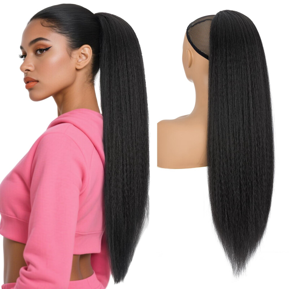 Unisex Black Ponytail Hair Extension Synthetic Kinky Yaki 24 Inch Natural #1B Drawstring Hairpiece