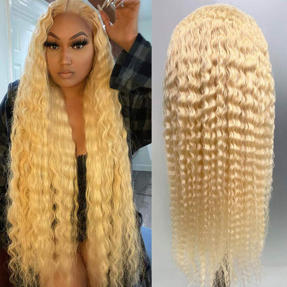 Unisex 26 Inch Blonde Deep Wave Human Hair Wig 4X4 Lace Closure Glueless Pre Plucked Bleached Knots