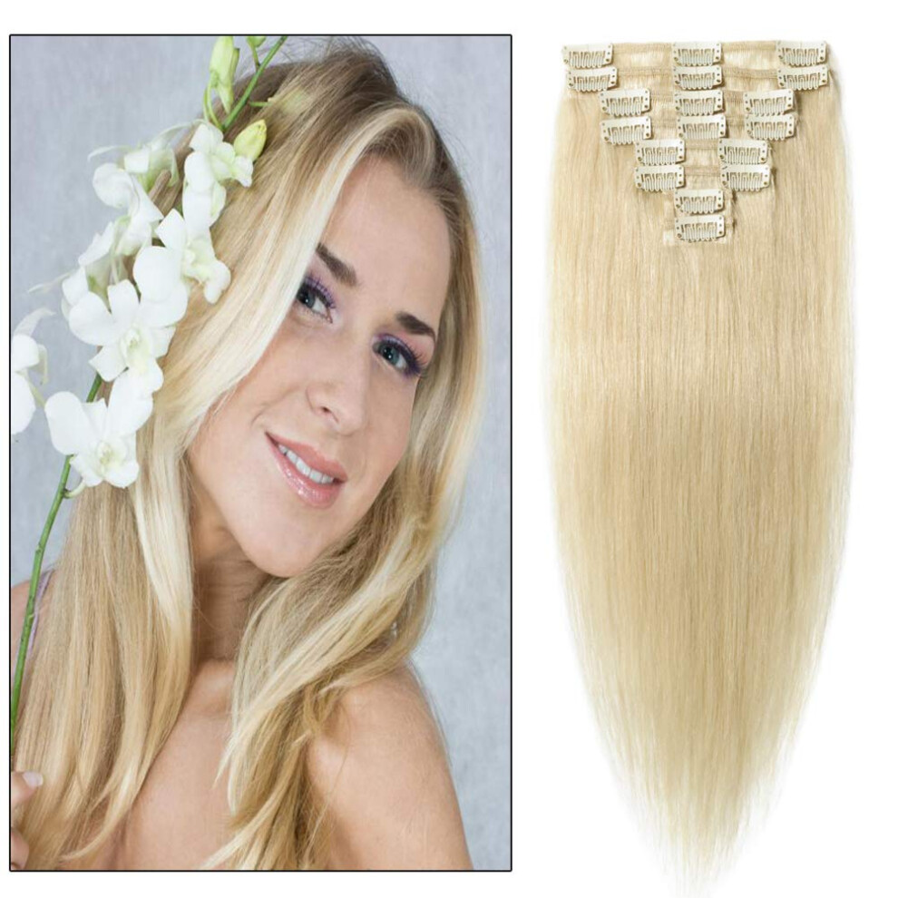Clip In Hair Extensions 8pcs 8inch 100% Remy Human Hair Silky Straight Platinum Blonde
