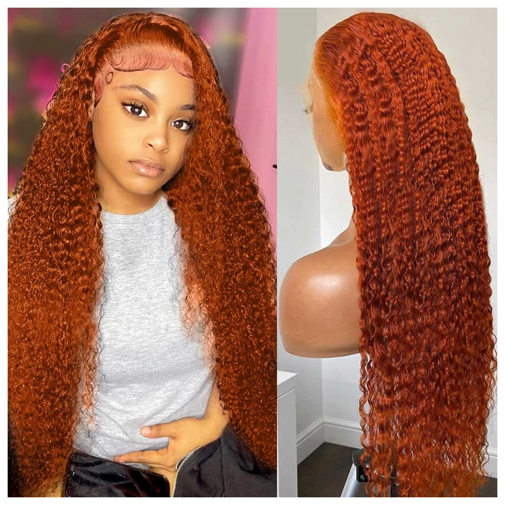 Human Hair Lace Front Wig Orange Ginger 150 Density Pre Plucked 13x4 HD Transparent Lace 22 Inch