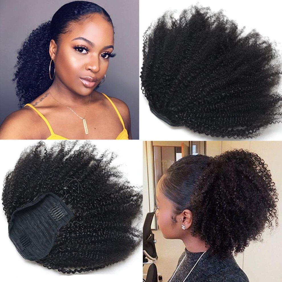 Unisex Black Afro Kinky Curly Human Hair Ponytail Extension Natural 4B 4C Drawstring Clip Hairpiece