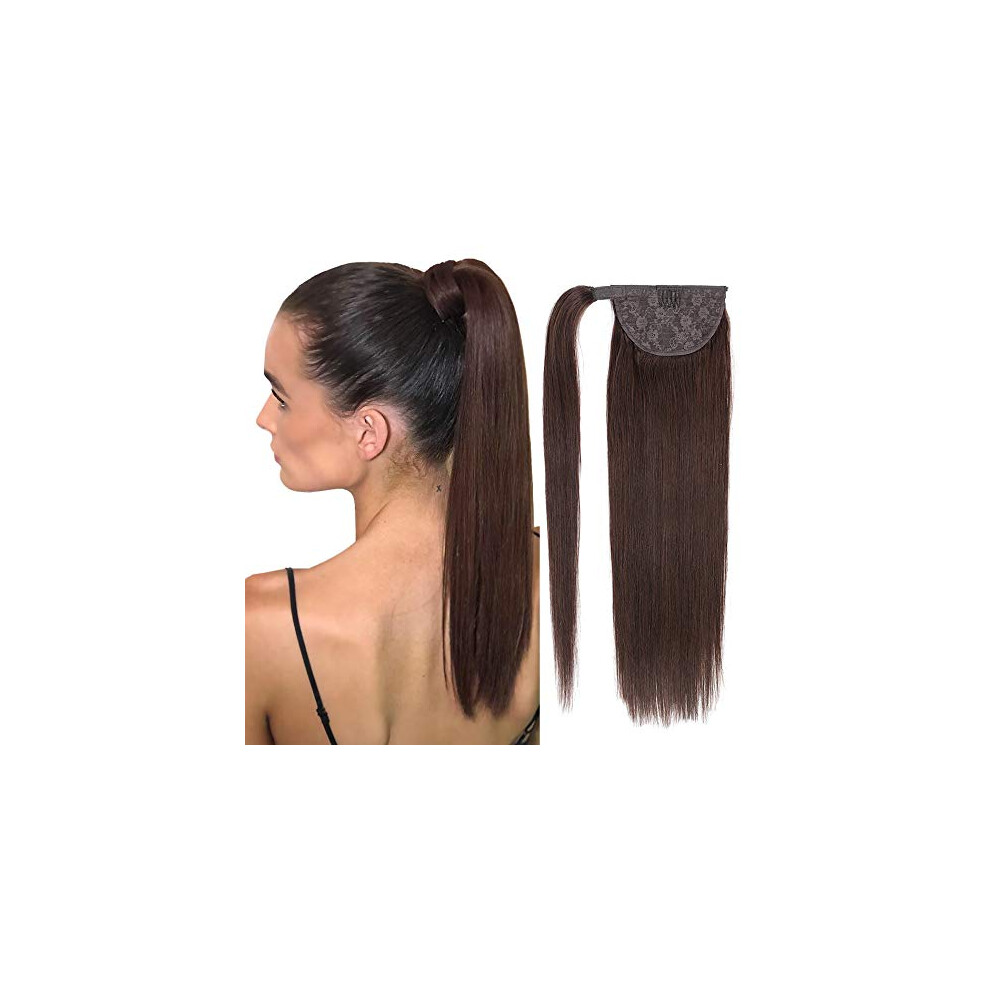 Unisex Brown 16 Inch Remy Human Hair Ponytail Extension Clip In Straight Medium Wrap Around Silky Finish