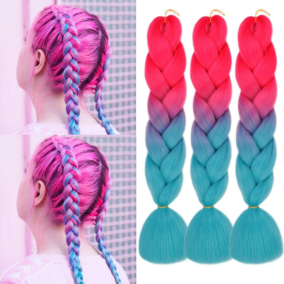 Unisex Blue,Red 3Pcs 24 Inch Ombre Jumbo Braiding Hair Extensions Heatresistant Synthetic Peach Red To Lake Blue